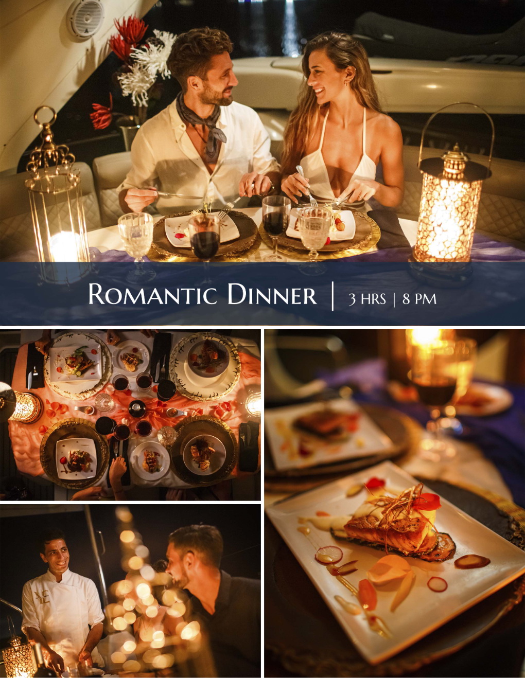 Romantic dinner aboard of a yacht